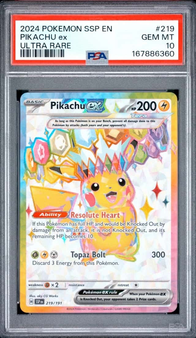 2024 POKEMON SSP EN-SURGING SPARKS ULTRA RARE #219 PIKACHU EX PSA 10
