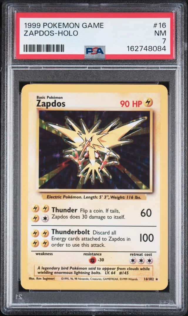 1999 POKEMON BASE SET UNLIMITED #16 ZAPDOS-HOLO PSA 7