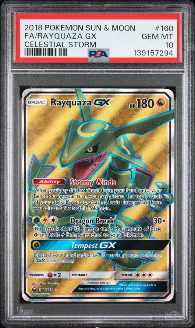 2018 POKEMON SUN & MOON CELESTIAL STORM #160 FULL ART/RAYQUAZA GX PSA 10