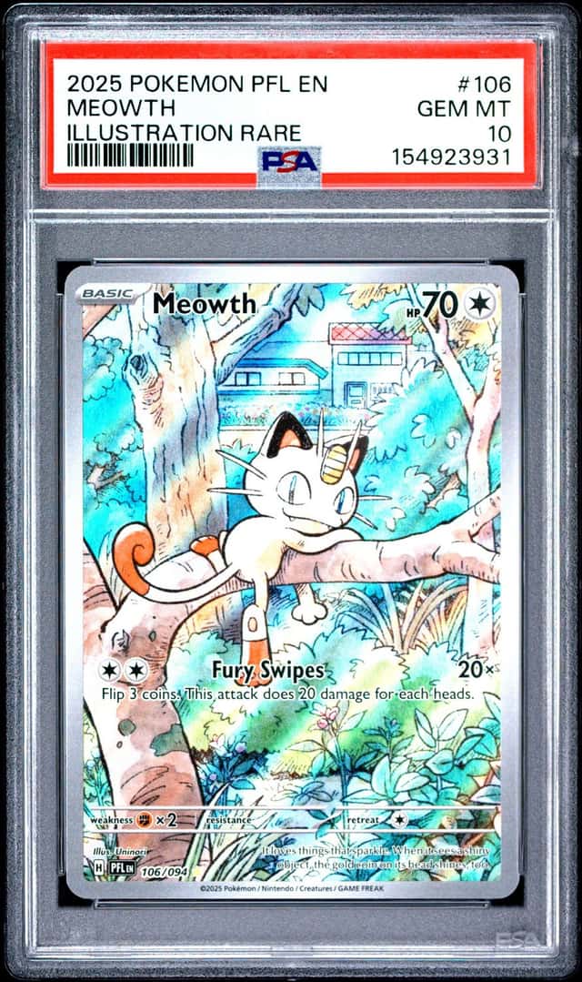 2025 Pokemon Pfl En-Phantasmal Flames #106 Meowth Illustration Rare PSA 10