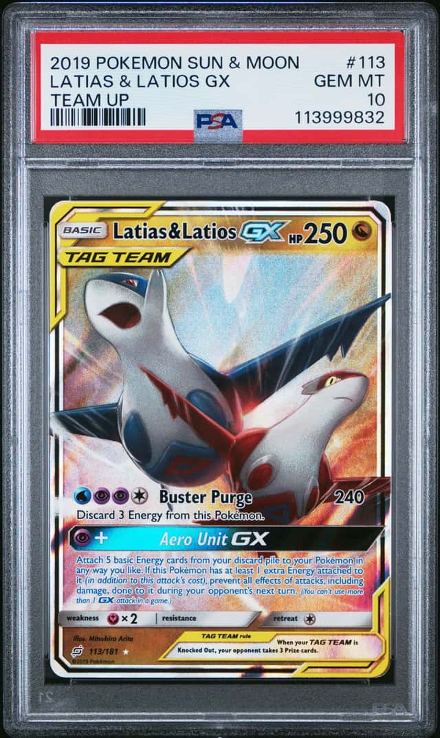 2019 POKEMON SUN & MOON TEAM UP #113 LATIAS & LATIOS GX PSA 10