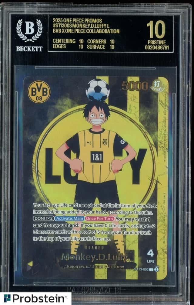 2025 BVB X ONE PIECE MATCH DAY PROMOS #003 MONKEY D. LUFFY BGS 10 BLACK LABEL