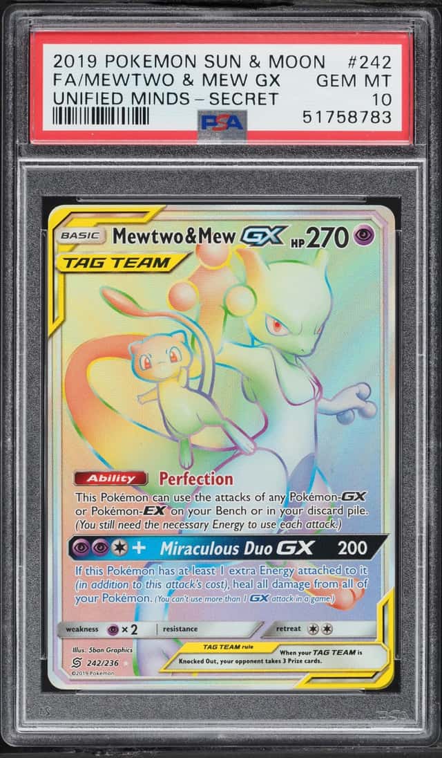 2019 Pokemon Sun & Moon Unified Minds Rainbow Rare Mewtwo & Mew GX #242 PSA 10 GEM MINT