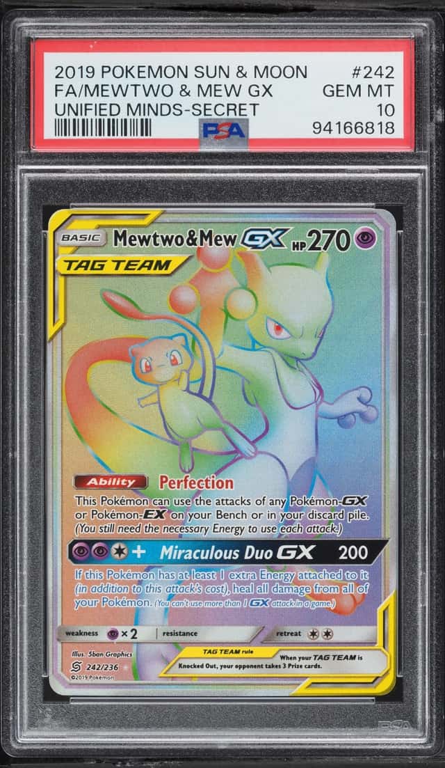 2019 Pokemon Sun & Moon Unified Minds Rainbow Rare Mewtwo & Mew GX #242 PSA 10 GEM MINT