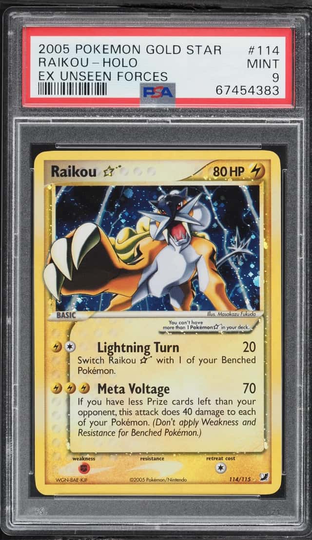 2005 Pokemon EX Unseen Forces Holo Raikou Gold Star #114 PSA 9 MINT