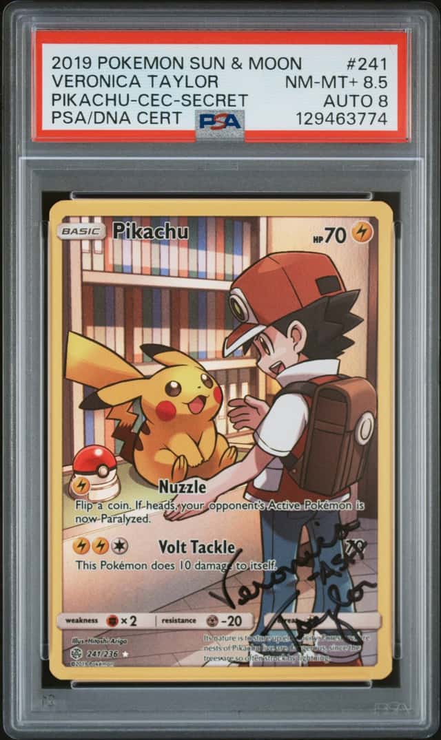 2019 Pokemon Sun & Moon Cosmic Eclipse Secret Rare #241 Pikachu Signed by Veronica Taylor - PSA NM-MT 8.5, PSA/DNA AUTO 10