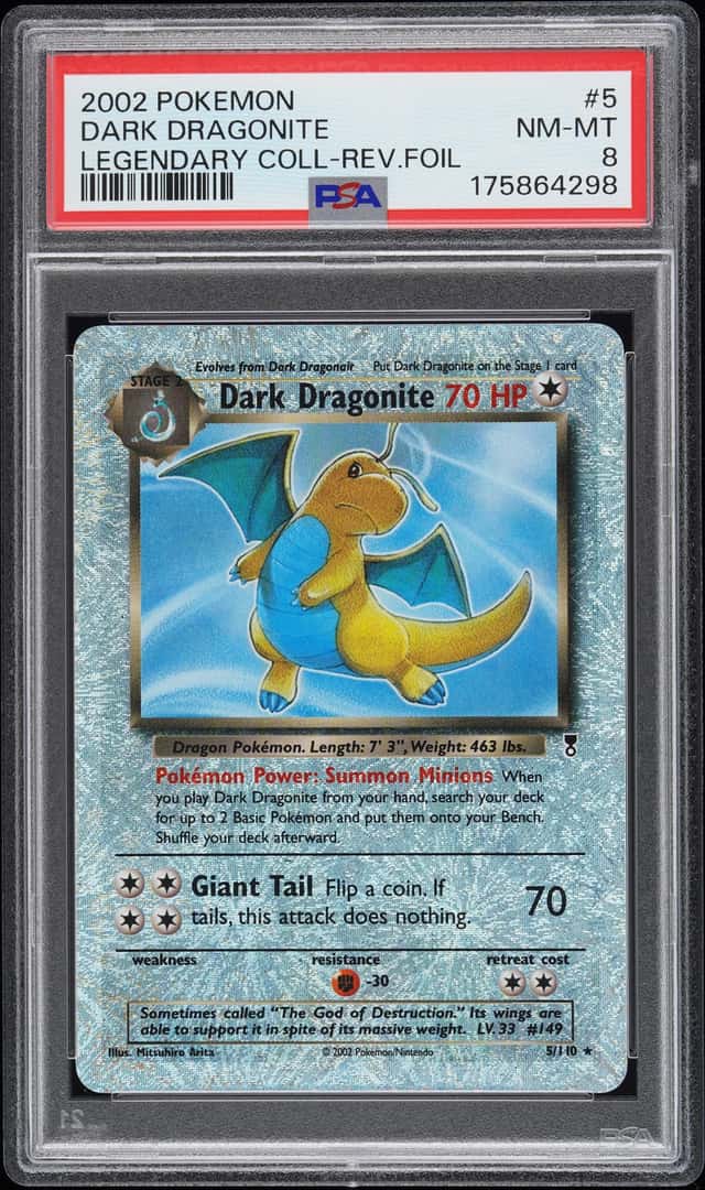 2002 POKEMON LEGENDARY COLLECTION #5 DARK DRAGONITE-REVERSE FOIL PSA 8