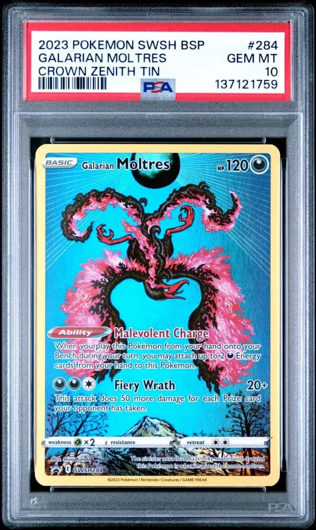 2023 POKEMON SWSH BLACK STAR PROMO CROWN ZENITH TIN #284 GALARIAN MOLTRES PSA 10