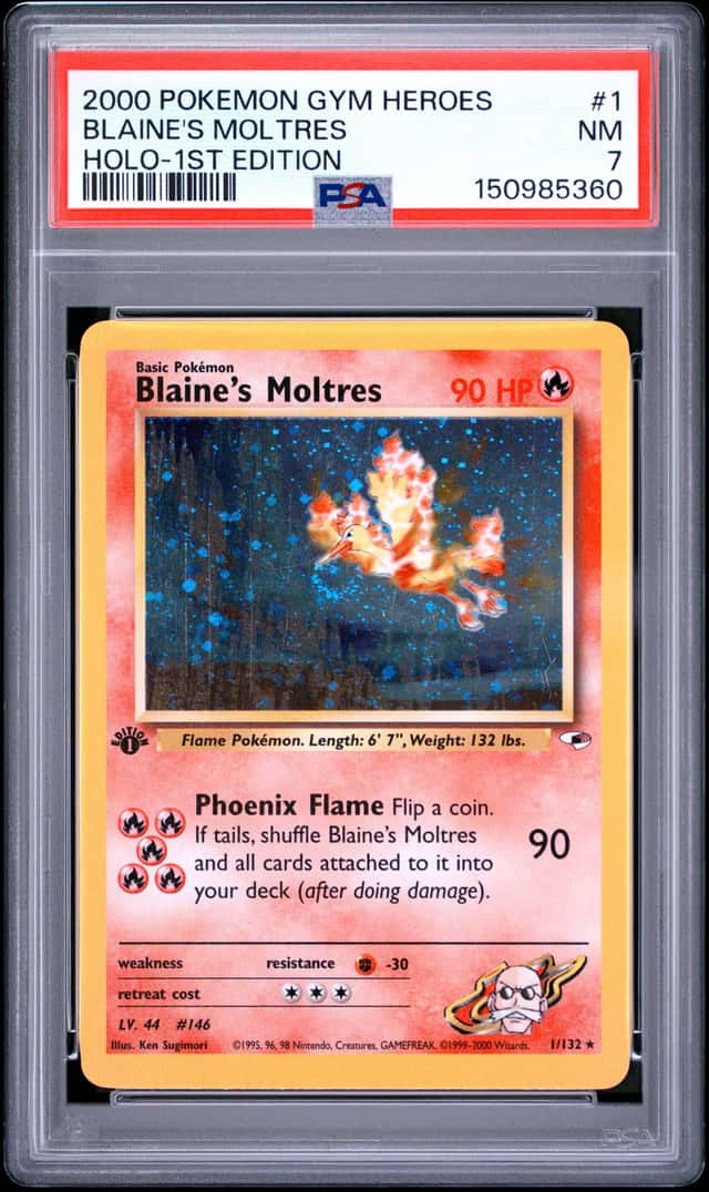 Blaine's Moltres 001/132 Gym Heroes Holo 2000 Vintage Pokemon Swirl 🌀 PSA 7
