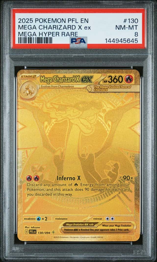Pokemon 2025 Mega Charizard X ex 130/094 Gold Hyper Rare Phantasmal Flames PSA 8