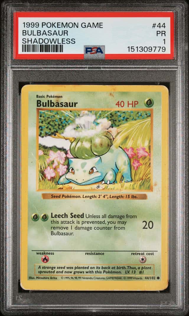 1999 POKEMON BASE SET SHADOWLESS #44 BULBASAUR PSA 1