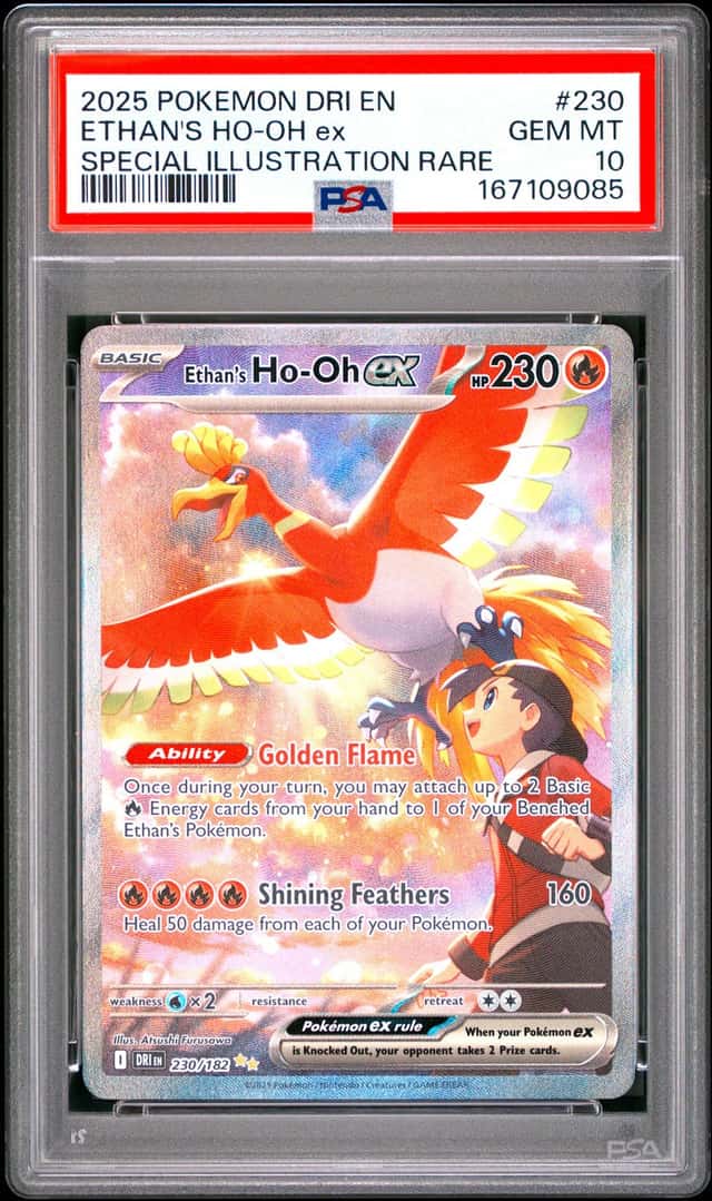 ETHANS HO-OH EX 2025 POKEMON DESTINED RIVALS 230/182 SIR PSA 10 Q3963-7