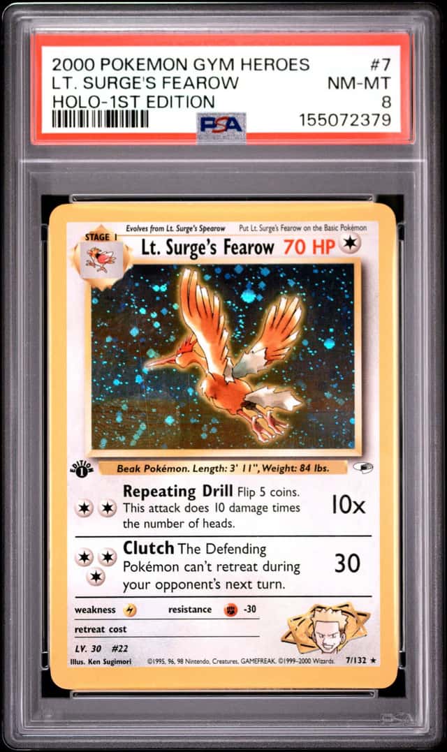 Pokemon Gym Hero’s Lt. Surge’s Fearow 7/132 Holo 1st Edition. PSA 8 NM- Mint
