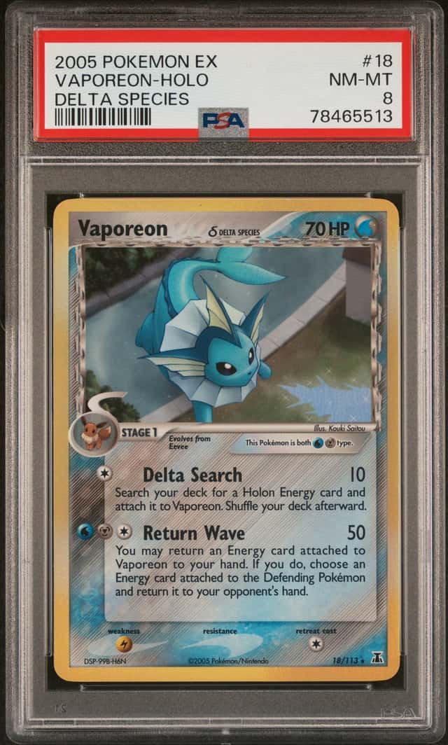 VAPOREON 2005 POKEMON EX DELTA SPECIES HOLO RARE 18/113 GRADED PSA 8 NM-MT