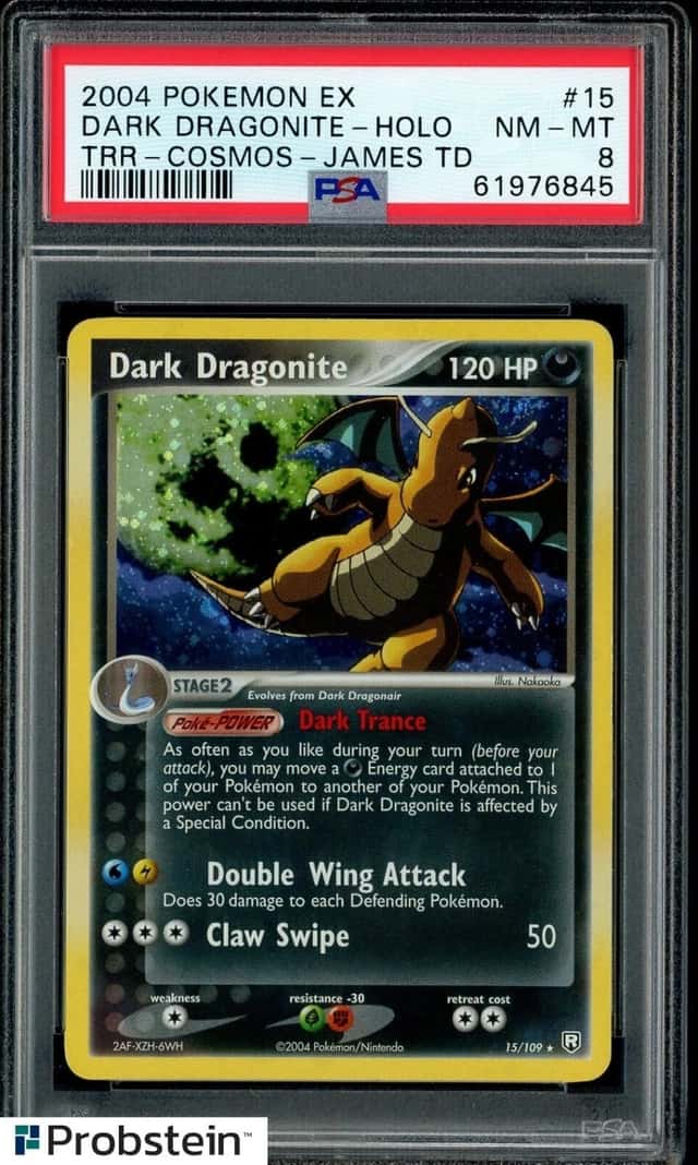 2004 POKEMON EX TEAM ROCKET RETURNS 15 DARK DRAGONITE-HOLO COSMOS-JAMES TD PSA 8