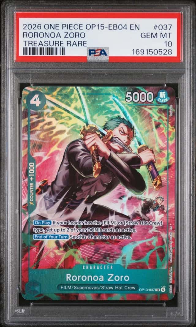 2026 ONE PIECE OP15-EB04-ADVENTURE ON KAMI'S ISLAND #037 RORONOA ZORO PSA 10