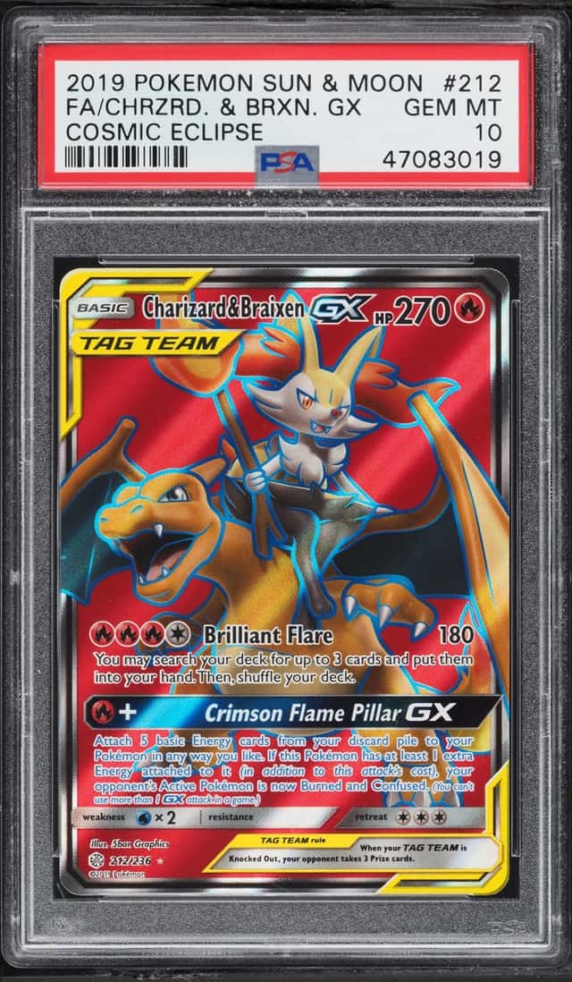 2019 Pokemon Sun & Moon Cosmic Eclipse Full Art Charizard & Braixen GX #212 PSA 10 GEM MINT