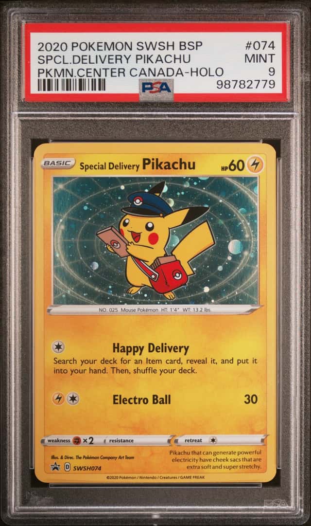2020 Pokemon Sword & Shield Pokemon Center Canada Black Star Promo Holo #074 Special Delivery Pikachu - PSA MINT 9