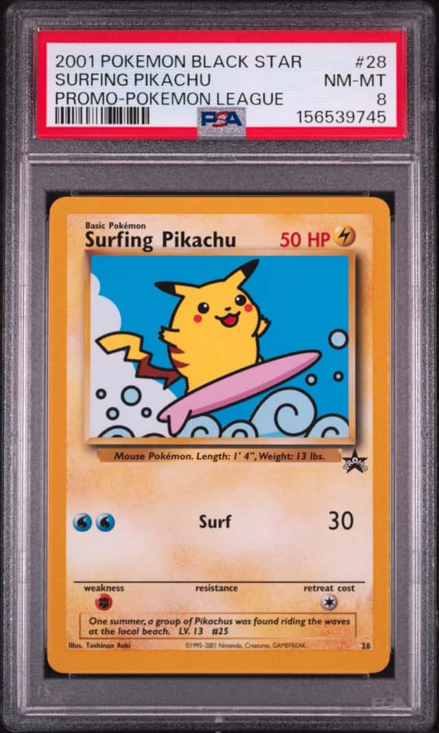 2001 POKEMON BLACK STAR PROMO POKEMON LEAGUE #28 SURFING PIKACHU PSA 8