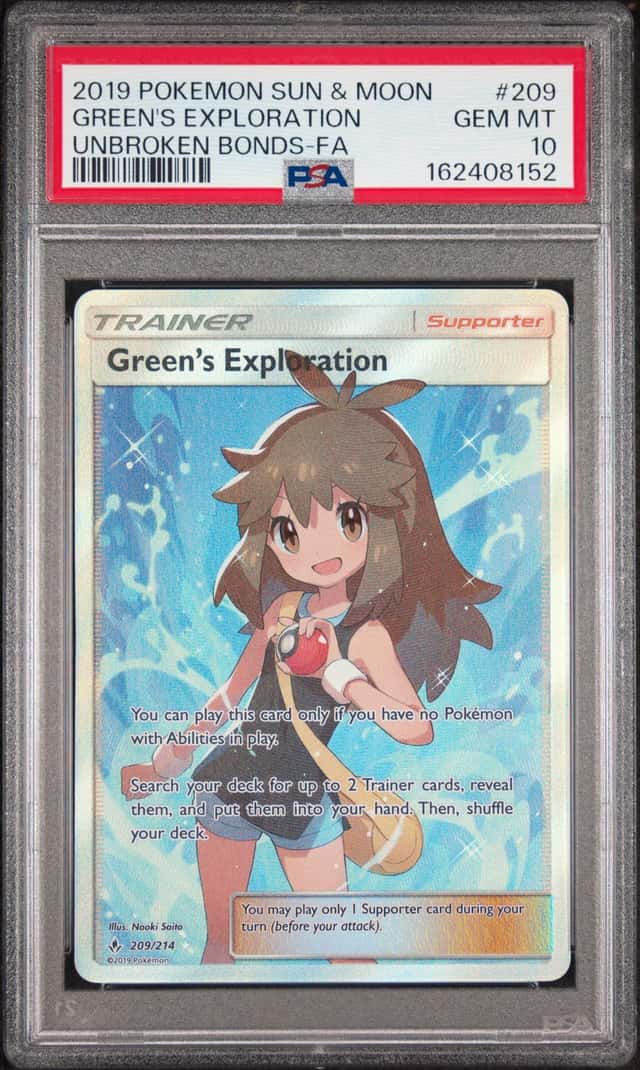 2019 POKEMON SUN & MOON UNBROKEN BONDS #209 FULL ART/GREEN'S EXPLORATION PSA 10