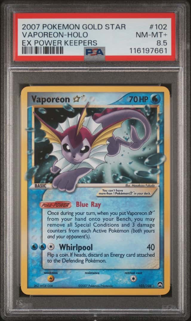 2007 Pokemon Gold Star Ex Power Keepers Holo Vaporeon #102