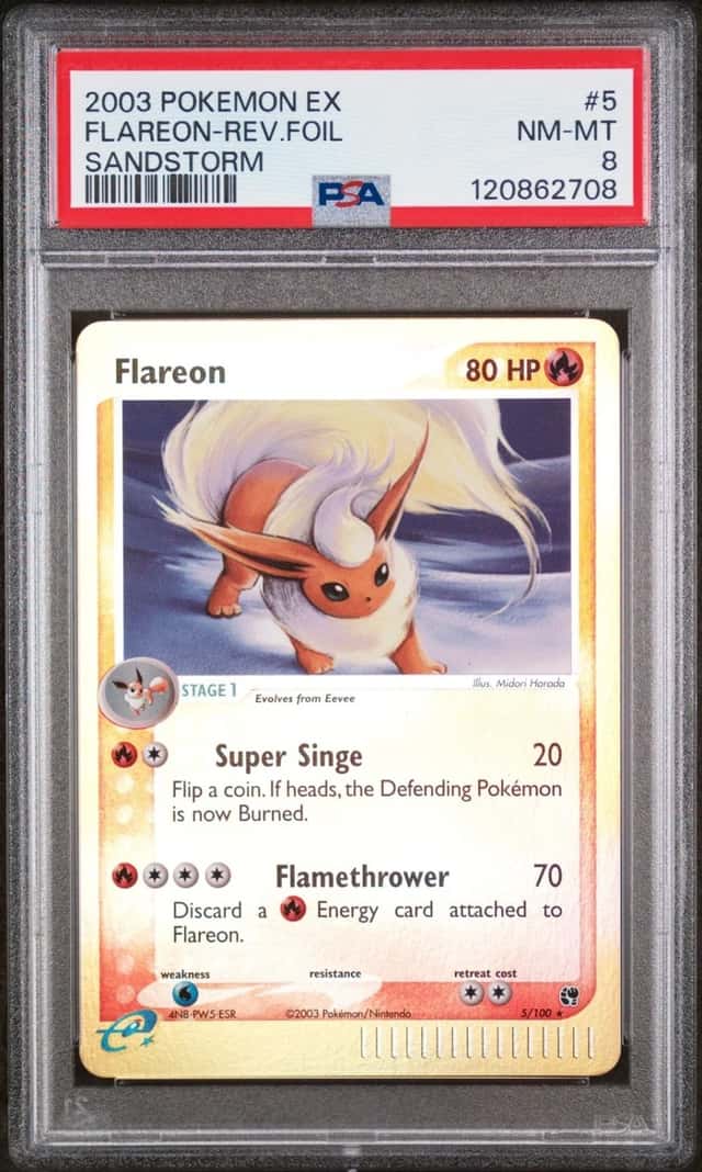 2003 POKEMON EX SANDSTORM #5 FLAREON-REVERSE FOIL PSA 8