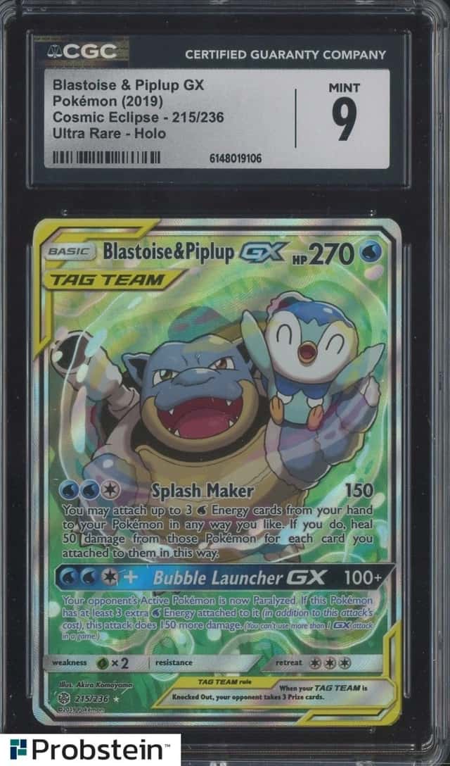 2019 Pokemon Cosmic Eclipse Ultra Rare #215 Blastoise & Piplup GX CGC 9 MINT