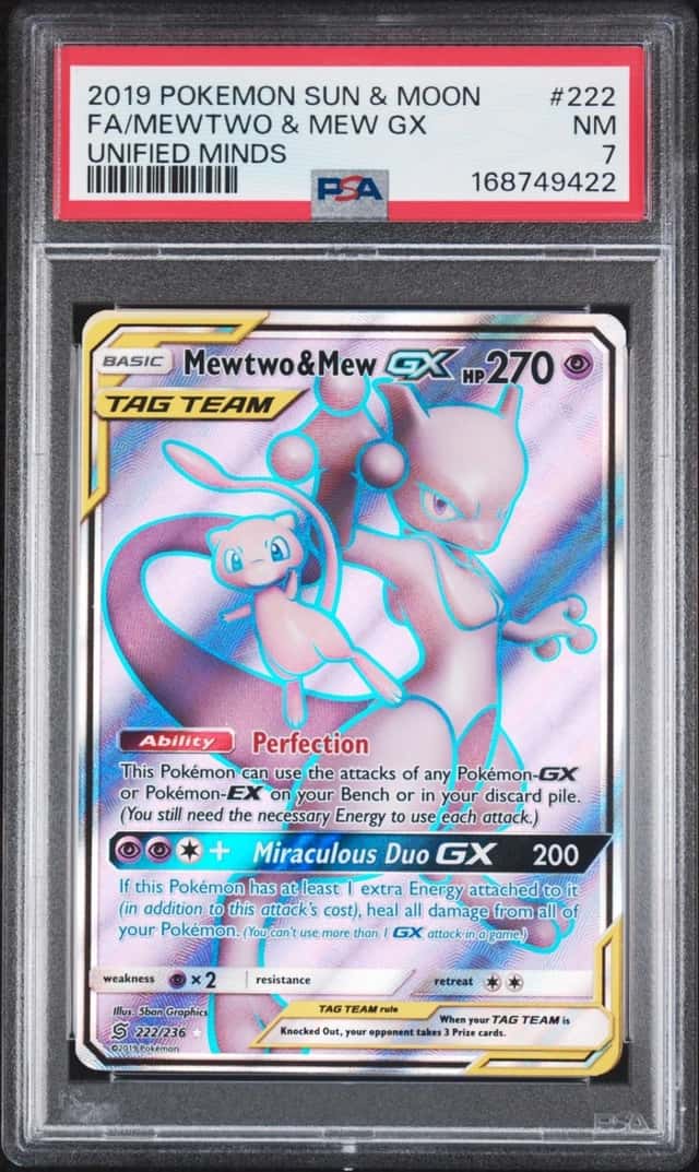 2019 POKEMON SUN & MOON UNIFIED MINDS #222 FULL ART/MEWTWO & MEW GX PSA 7