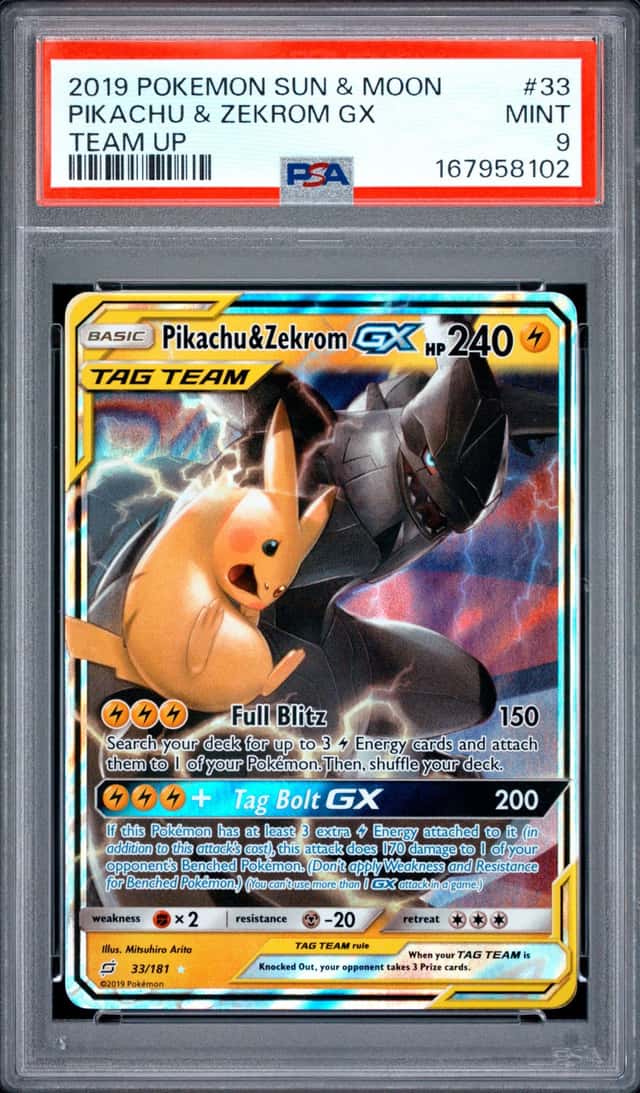 2019 POKEMON SUN & MOON TEAM UP #33 PIKACHU & ZEKROM GX PSA 9