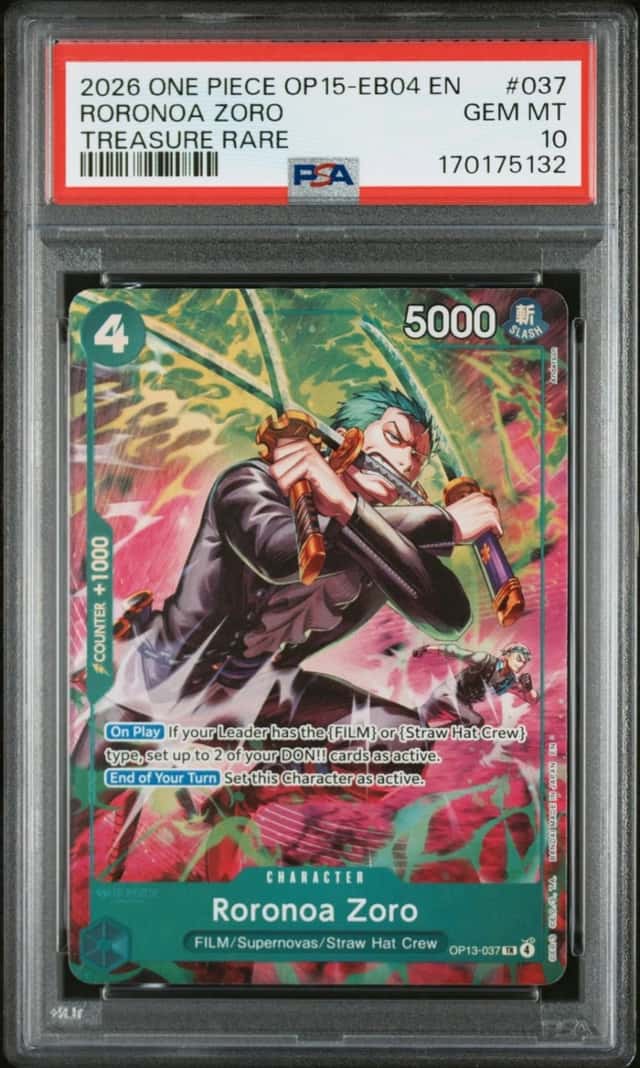 2026 ONE PIECE OP15-EB04-ADVENTURE ON KAMI'S ISLAND #037 RORONOA ZORO PSA 10