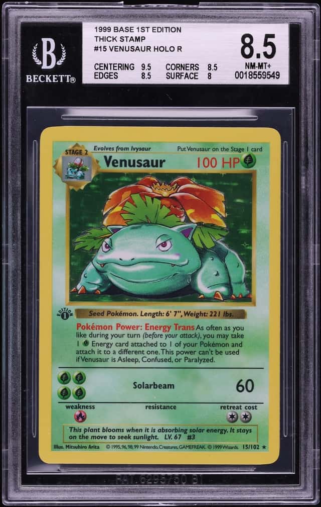 1999 Pokemon Base Set Shadowless 1st Edition Thick Stamp Holo Venusaur #15 BGS 8.5 NM-MT+