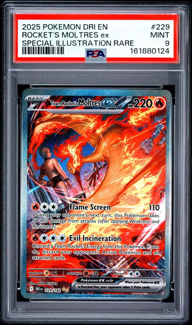 2025 POKEMON DESTINED RIVALS #229/182 TEAM ROCKET'S MOLTRES EX SIR PSA 9
