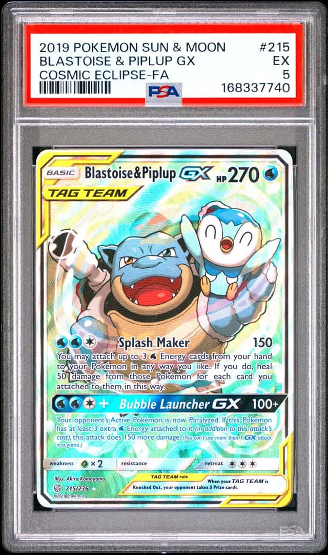 2019 POKEMON SUN & MOON COSMIC ECLIPSE #215 FULL ART/BLASTOISE & PIPLUP GX PSA 5