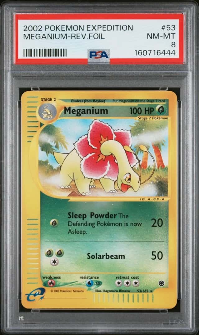 2002 POKEMON EXPEDITION #53 MEGANIUM-REVERSE FOIL PSA 8