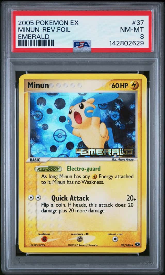 2005 POKEMON EX EMERALD #37 MINUN-REVERSE HOLO FOIL PSA 8 NM-MT