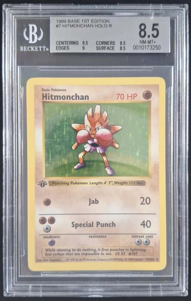 1999 Pokemon HITMONCHAN #7/102 Base Set 1st Ed. Shadowless Holo Rare BGS 8.5 (B)