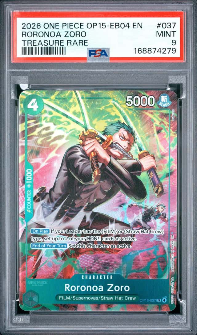 2026 ONE PIECE OP15-EB04-ADVENTURE ON KAMI'S ISLAND #037 RORONOA ZORO PSA 9
