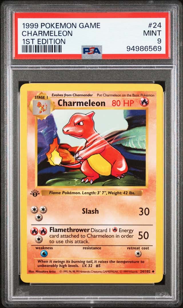 Pokémon TCG 1999 Charmeleon Base Set Shadowless 1st Ed 24/102 PSA 9 Cert
