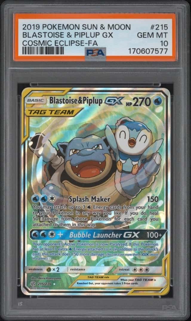 2019 POKEMON SUN & MOON COSMIC ECLIPSE FULL ART/BLASTOISE & PIPLUP GX PSA 10
