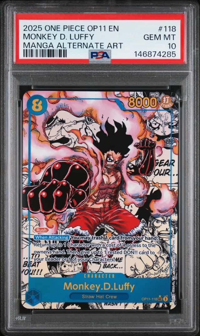 OP MONKEY D. LUFFY 2025 OP11-A FIST OF DIVINE SPEED #118 MANGA ALT ART PSA 10