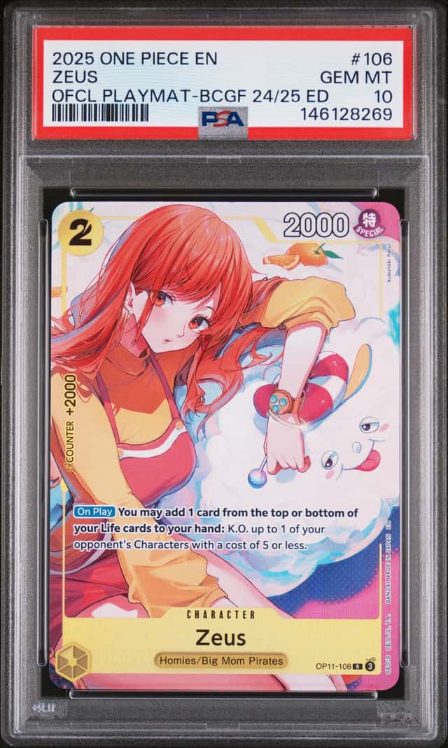 2025 ONE PIECE PROMOS OFFICIAL PLAYMAT BANDAI GAMES FEST 24-25 #106 ZEUS PSA 10