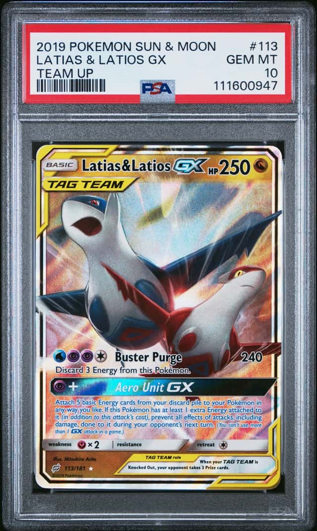 2019 POKEMON SUN & MOON TEAM UP #113 LATIAS & LATIOS GX PSA 10