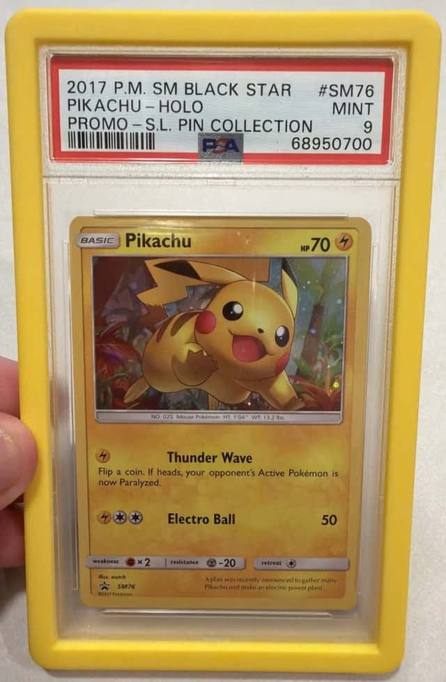 2017 Pokemon Pikachu SM76 Holo PSA 9 Shining Legends Promo + Yellow Slab Guard