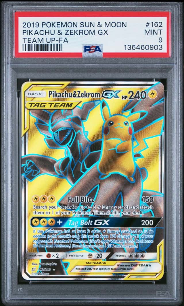 PIKACHU & ZEKROM GX 2019 POKEMON TEAM UP 162/181 FULL ART PSA 9 Q3963-5