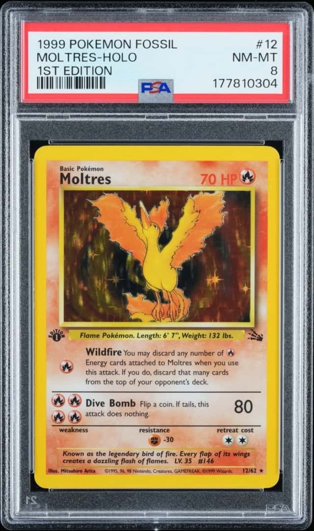 1999 Pokemon Moltres 12/62 Fossil Holo 1st Edition - PSA 8