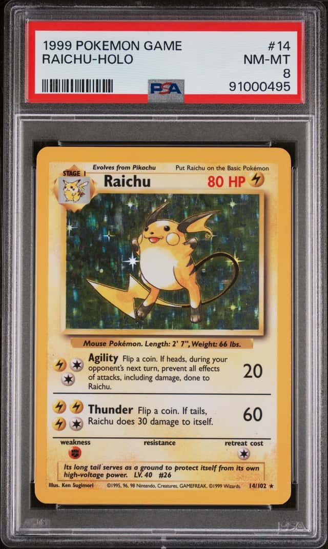 1999 Pokemon Unlimited Raichu Rare Holo #14/102 PSA 8