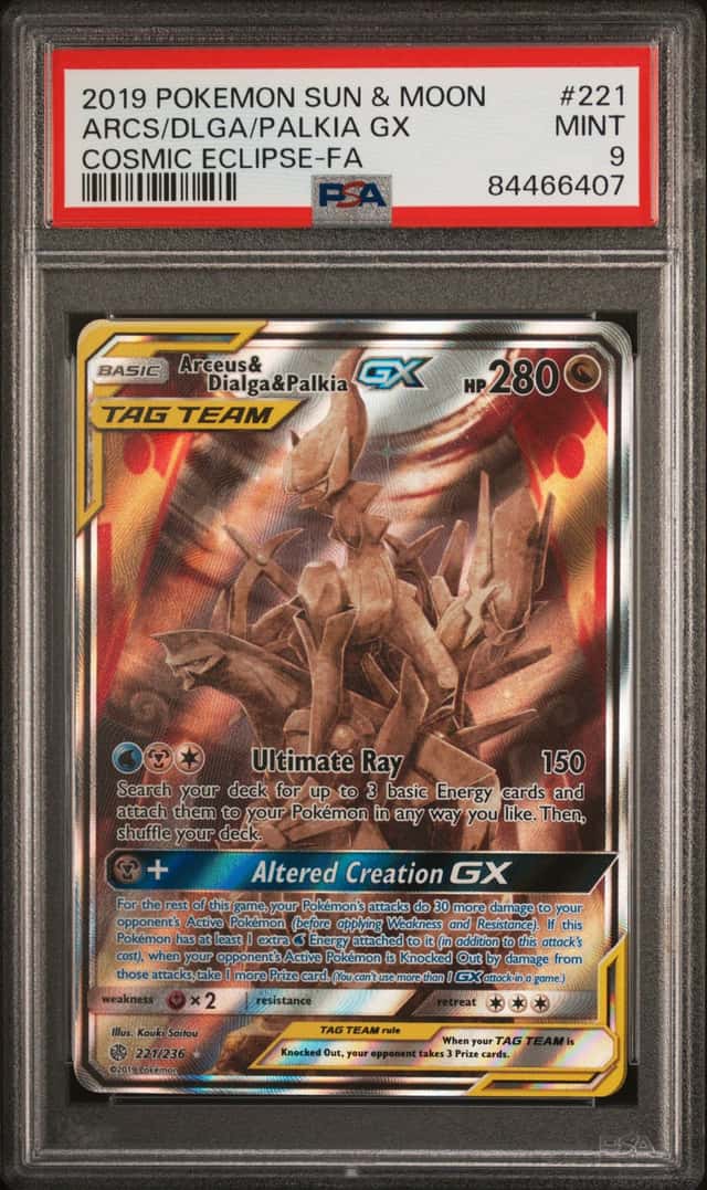 2019 Pokemon SM Cosmic Eclipse Arceus Dialga Palkia Tag Team #221/236 PSA 9