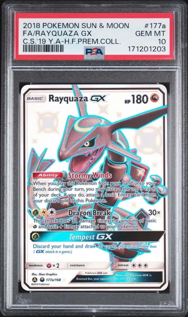 2018 POKEMON SUN & MOON CELESTIAL STORM #177A FULL ART/RAYQUAZA GX PSA 10