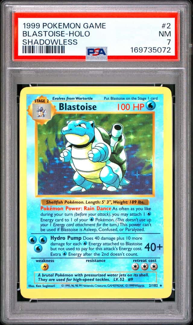 1999 POKEMON BASE SET SHADOWLESS #2 BLASTOISE HOLO PSA 7
