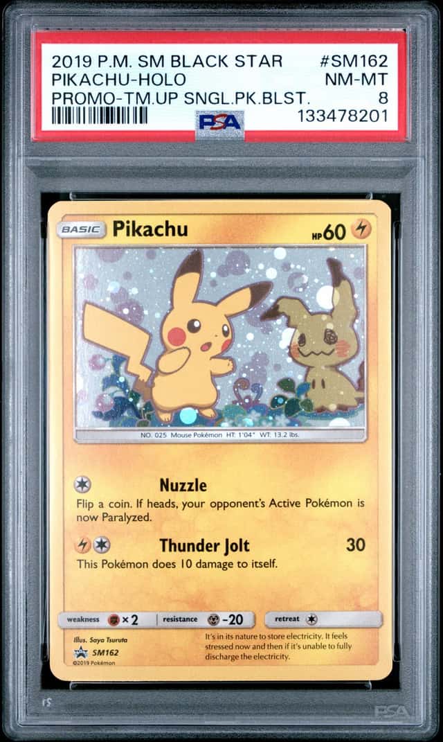 PIKACHU 2019 POKEMON SM BLACK STAR #SM162 PROMO TEAM UP BLISTER PSA 8 NM-MT
